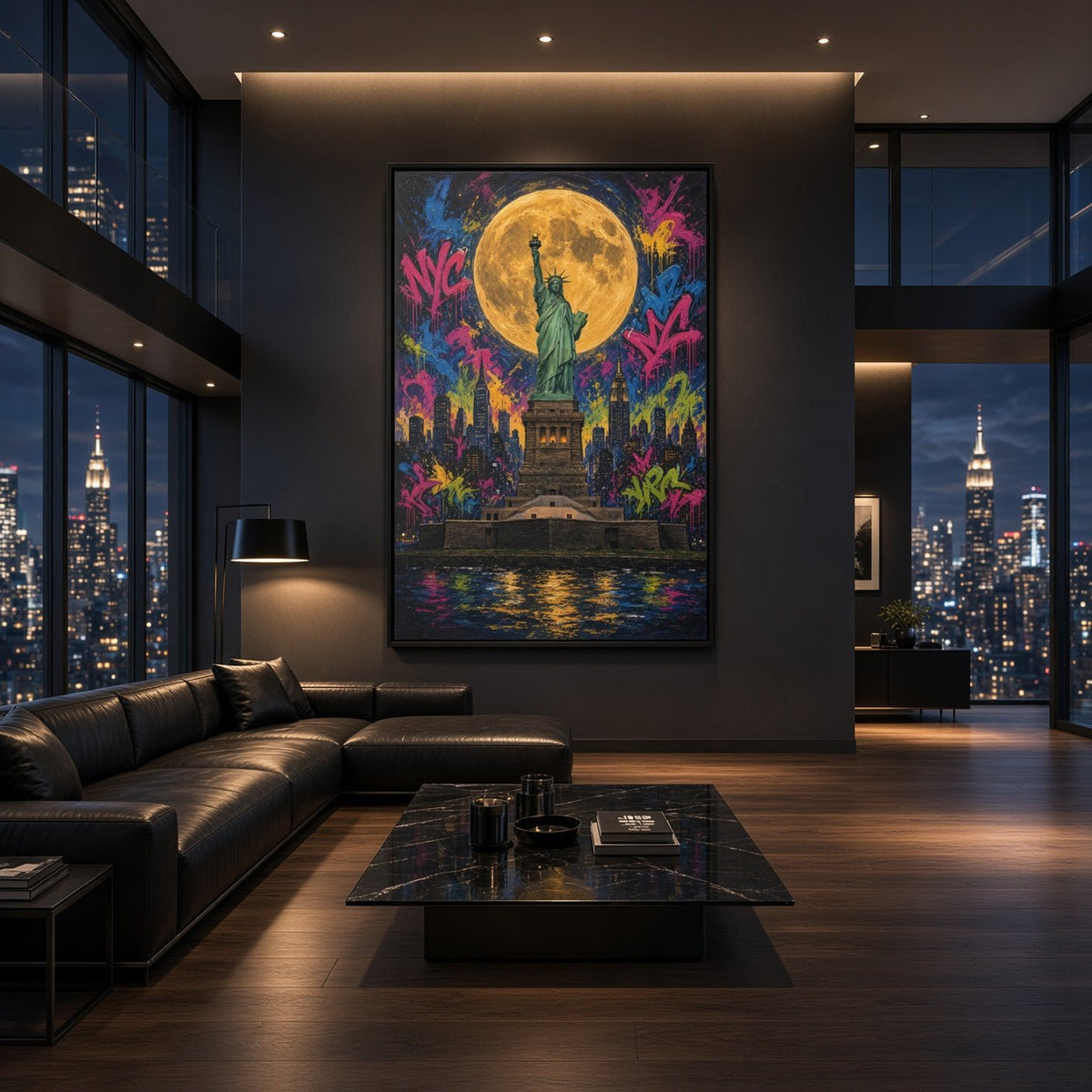 Framed graffiti canvas wall art of Statue of Liberty under golden full moon
