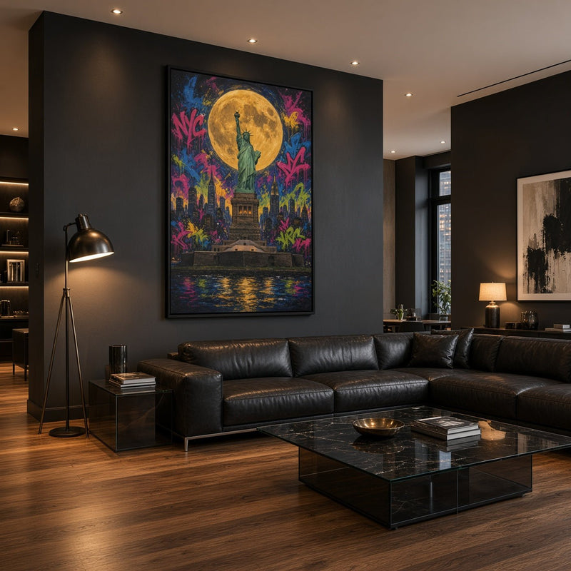 Framed graffiti canvas featuring Statue of Liberty under a glowing full moon on the wall