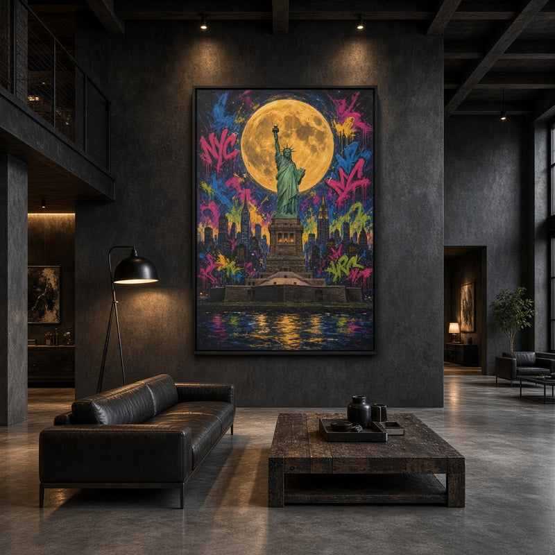 Framed graffiti canvas wall art with Statue of Liberty under full moon and colorful spray
