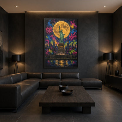 Framed graffiti canvas wall art featuring Statue of Liberty and full moon over water