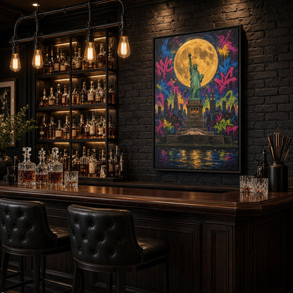 Framed graffiti canvas wall art showing Statue of Liberty with full moon and neon spray