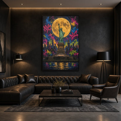 Framed graffiti canvas wall art of Statue of Liberty beneath a bright full moon