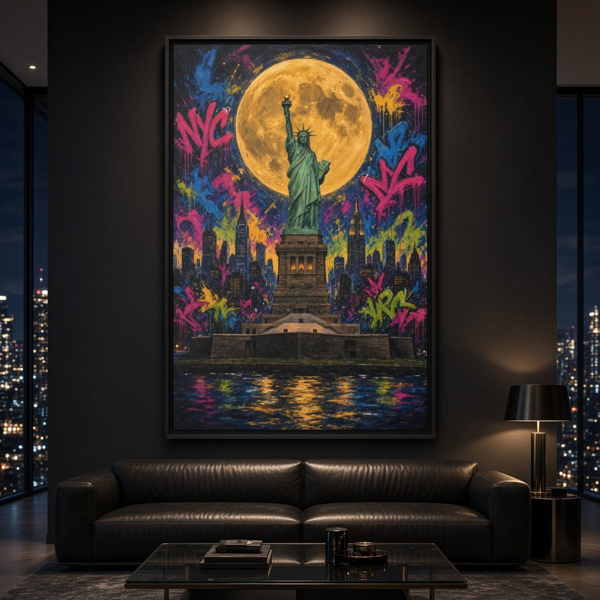 Framed graffiti canvas wall art with Statue of Liberty under a full moon