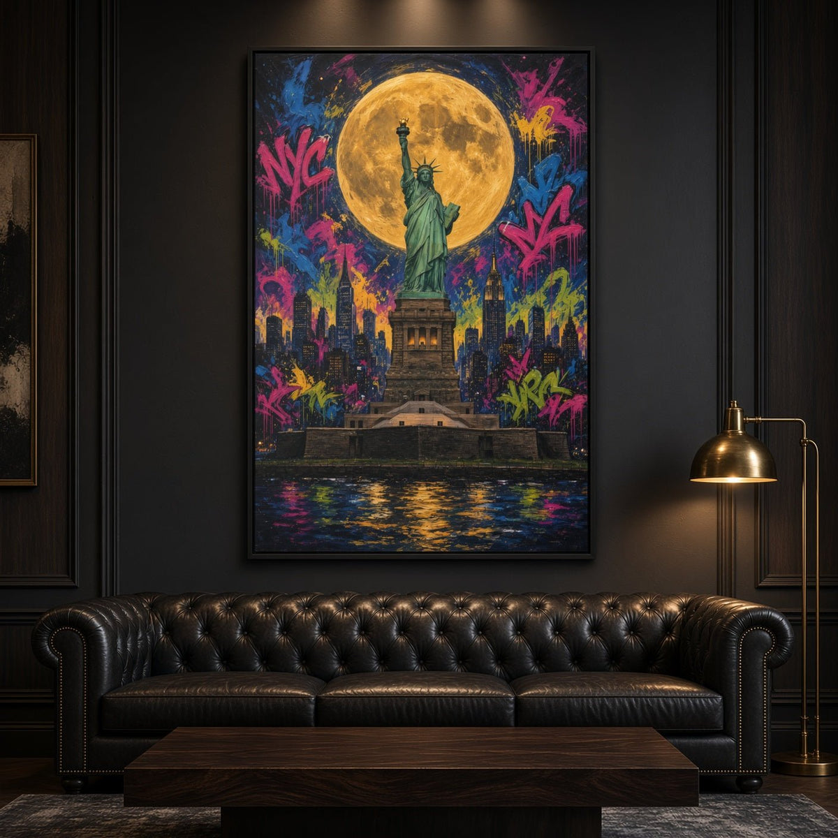 Framed graffiti canvas with Statue of Liberty holding torch beneath a bright full moon