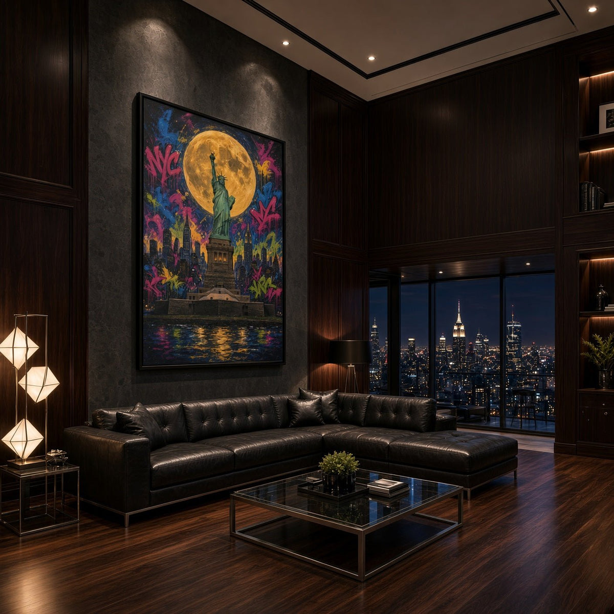 Framed graffiti wall canvas showing Statue of Liberty under a full moon over city lights