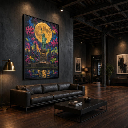 Framed graffiti canvas with Statue of Liberty and full moon, colorful urban mural style