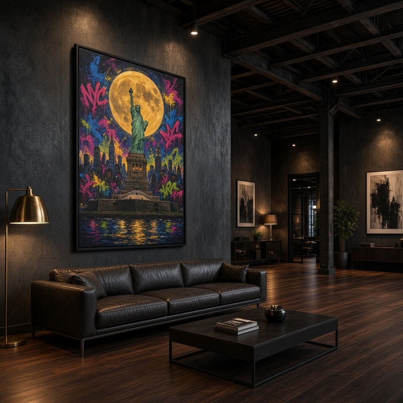 Framed graffiti canvas with Statue of Liberty and full moon, colorful urban mural style