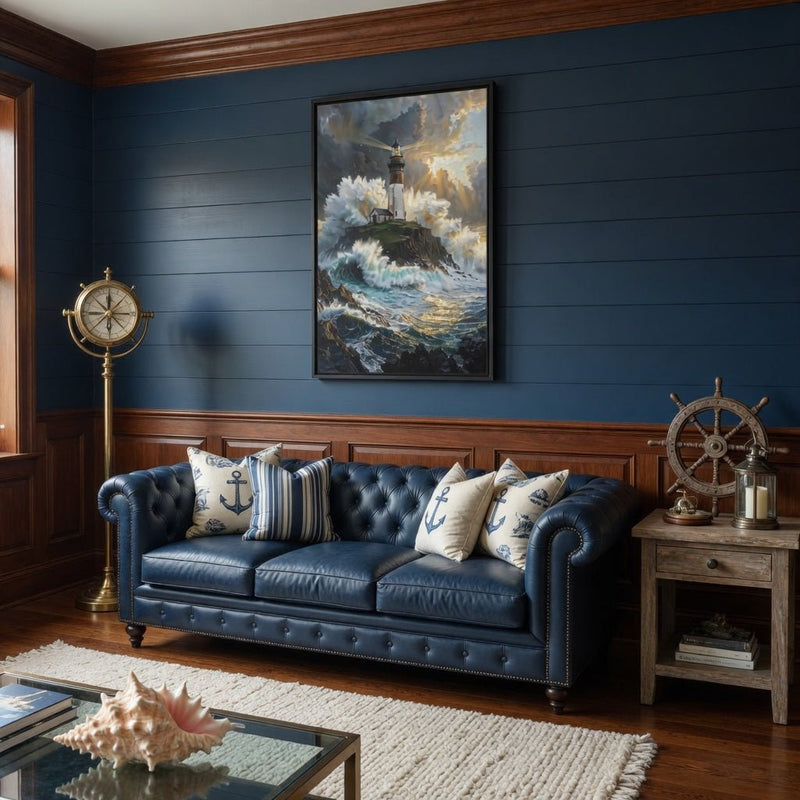 Black framed canvas lighthouse wall art with dramatic storm clouds and foamy ocean waves.