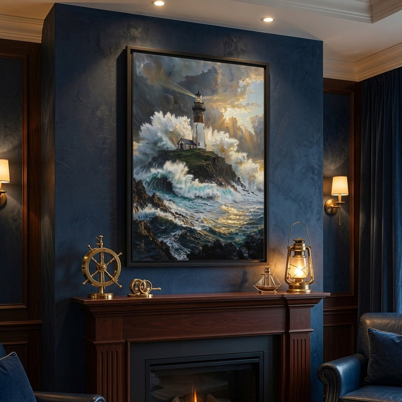 Framed matte canvas wall art of a lighthouse and crashing waves on dark rocks