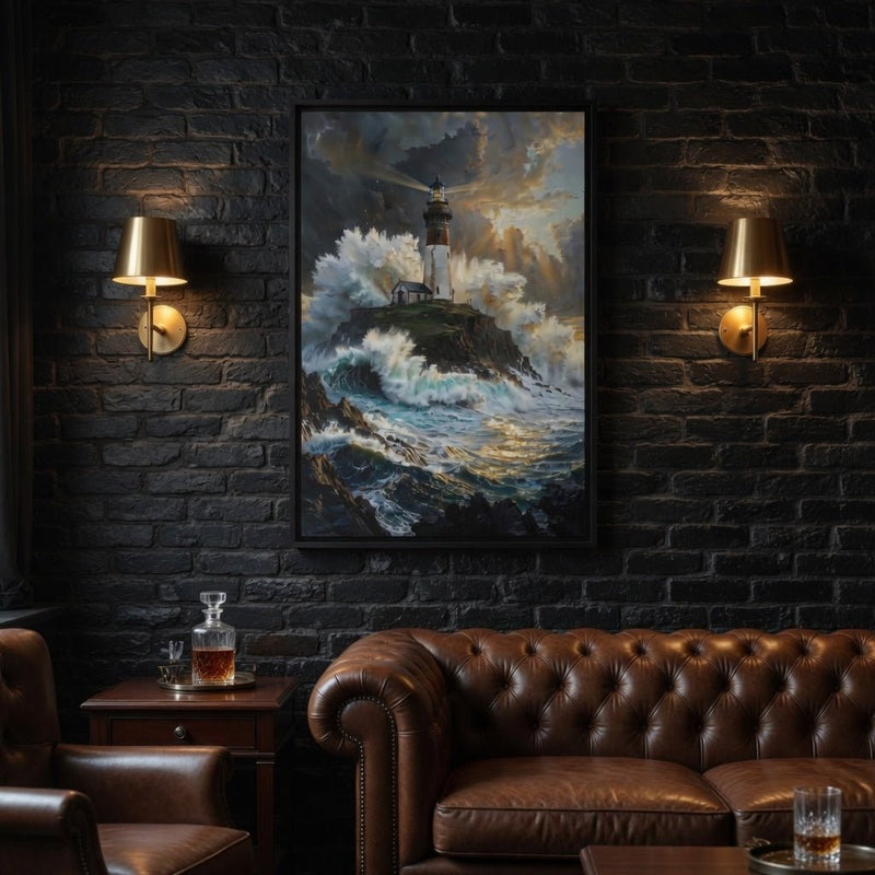 Black-framed lighthouse seascape canvas wall art hung on a wall