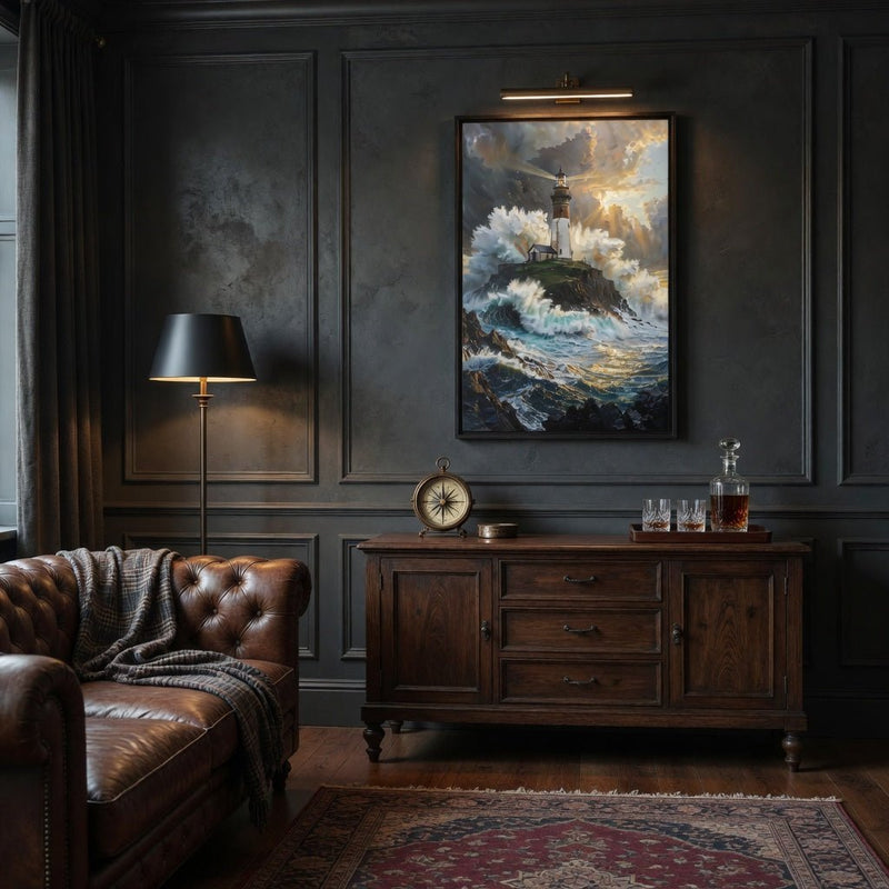 Black-framed lighthouse ocean canvas wall art mounted in a room
