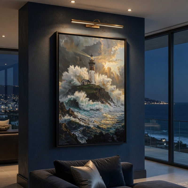 Black-framed lighthouse storm seascape canvas wall art with crashing waves and clouds.