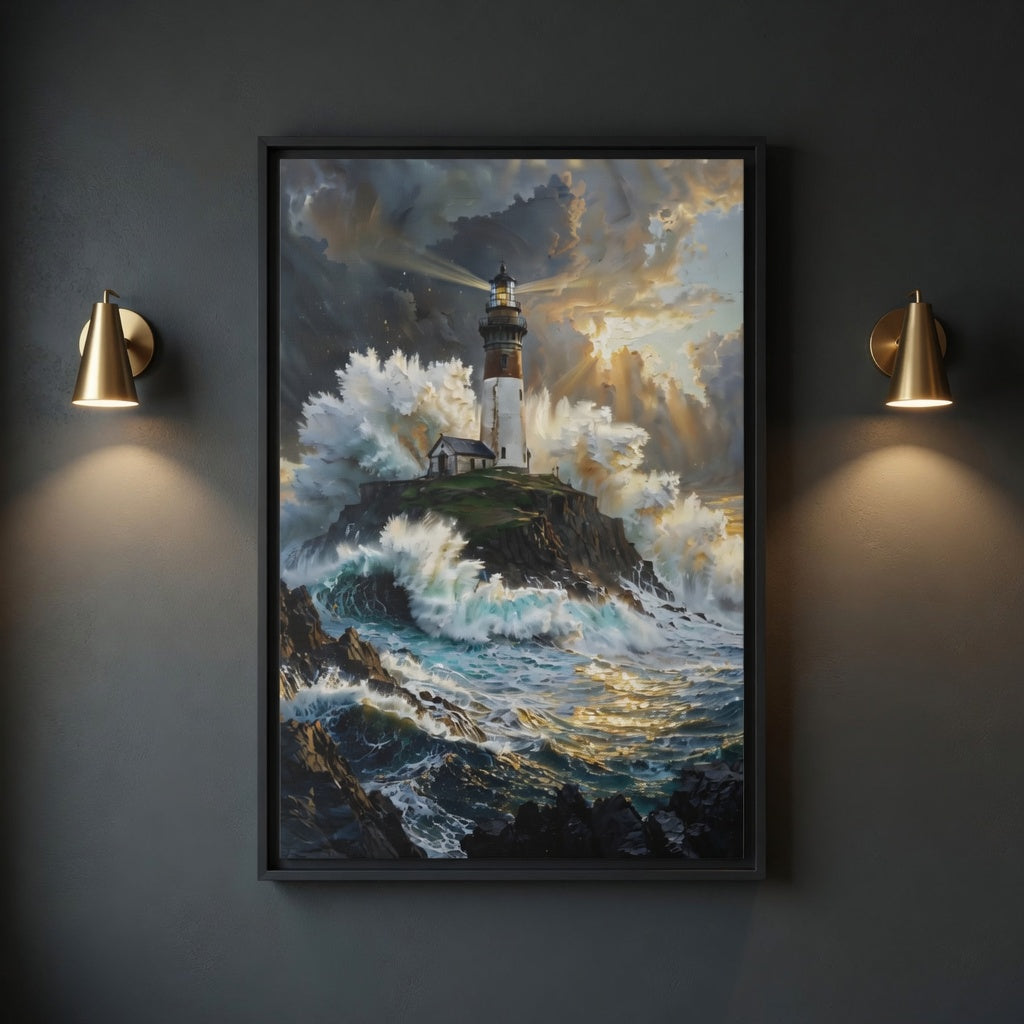 Framed Matte Canvas Lighthouse Storm Seascape Wall Art