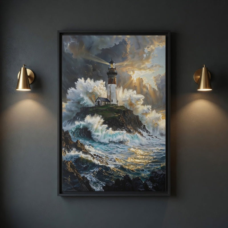 Black framed canvas wall art featuring a lighthouse, rocky shore, and stormy surf.