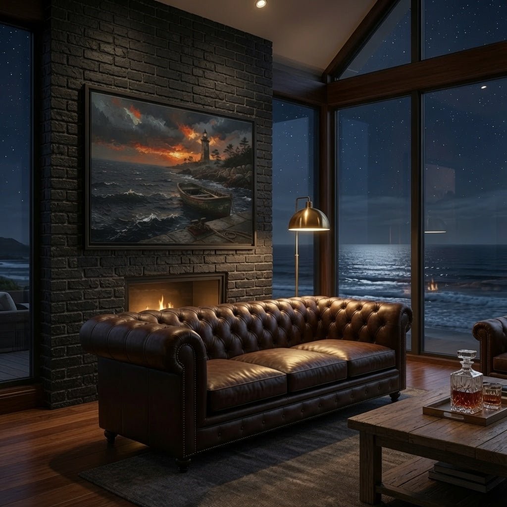 Framed canvas print featuring a lighthouse and rowboat at dusk over choppy ocean.