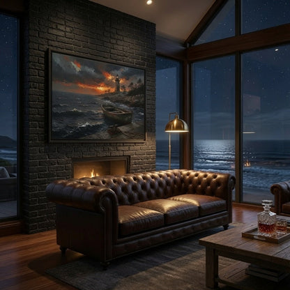Framed canvas print featuring a lighthouse and rowboat at dusk over choppy ocean.