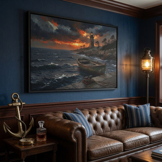 Framed canvas print showing a lighthouse and rowboat at dusk with ocean waves and rocks.