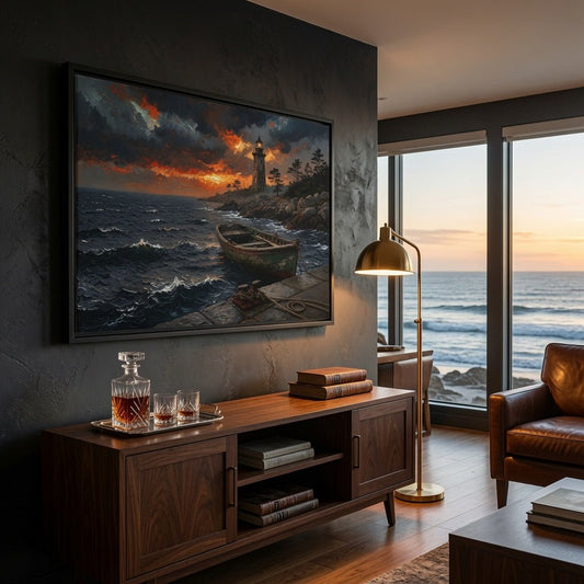 Framed canvas print featuring lighthouse light and rowboat at dusk with sunset skies.