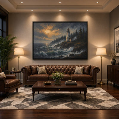 Black-framed canvas wall art featuring a distant lighthouse and turbulent ocean waves