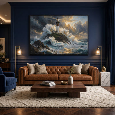 Framed coastal lighthouse canvas wall art on blue wall with bright sky breaking through