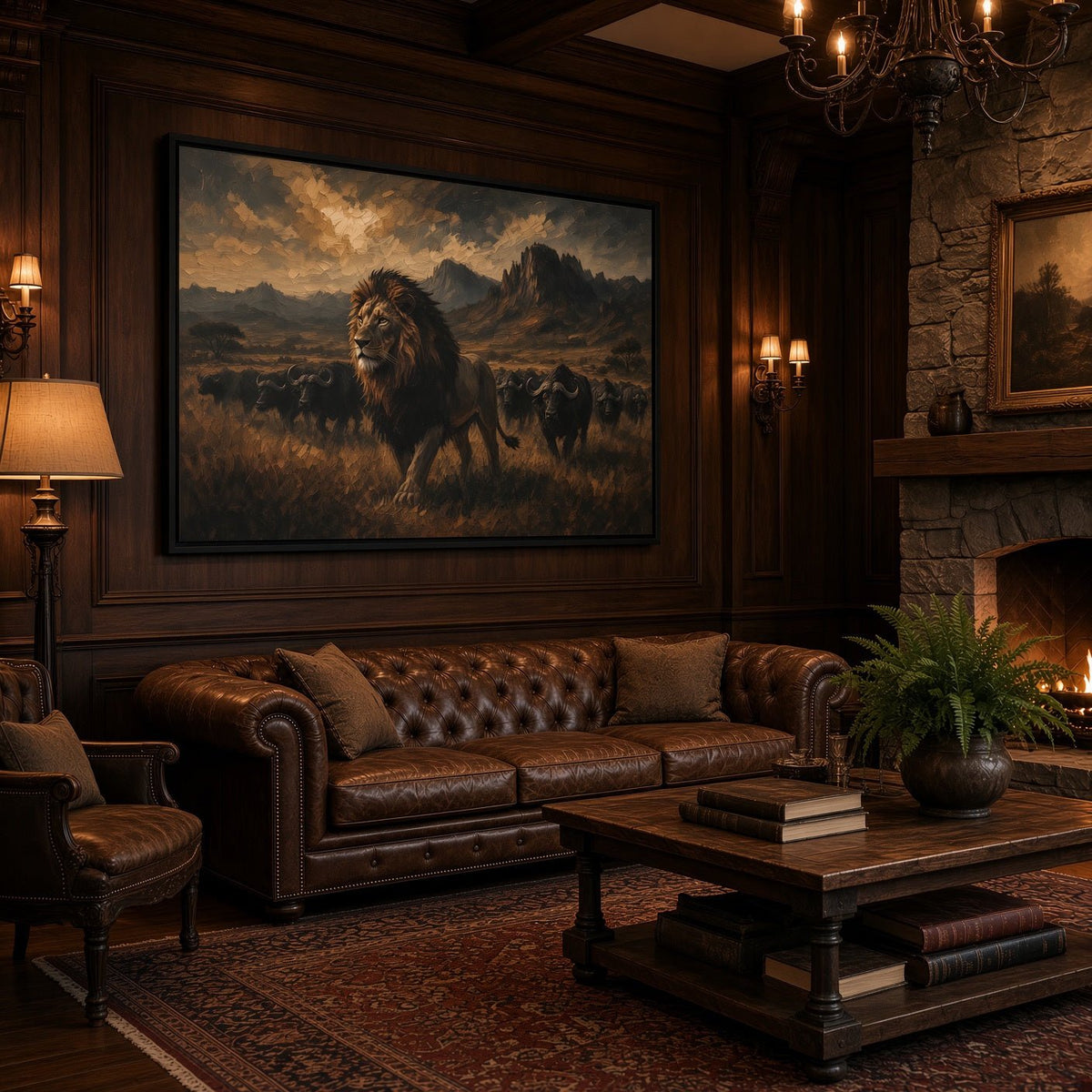 Black framed lion and buffalo canvas hanging on dark wood wall in living room