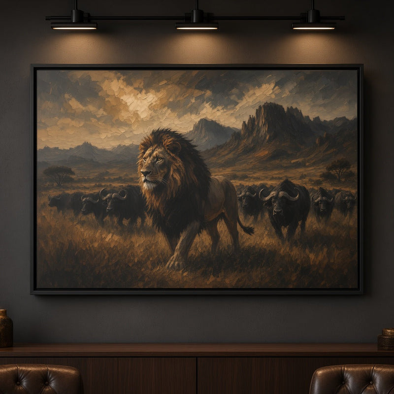 Black framed canvas wall art close-up of lion with buffalo in savanna landscape.