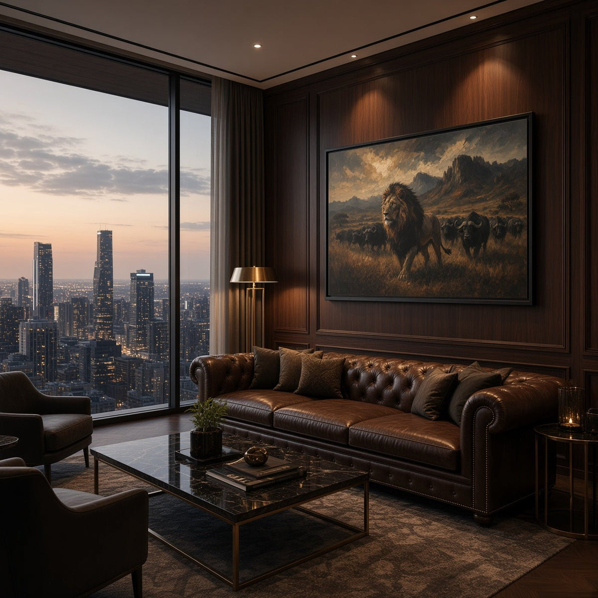 Black framed lion and buffalo canvas on wood wall above brown leather sofa