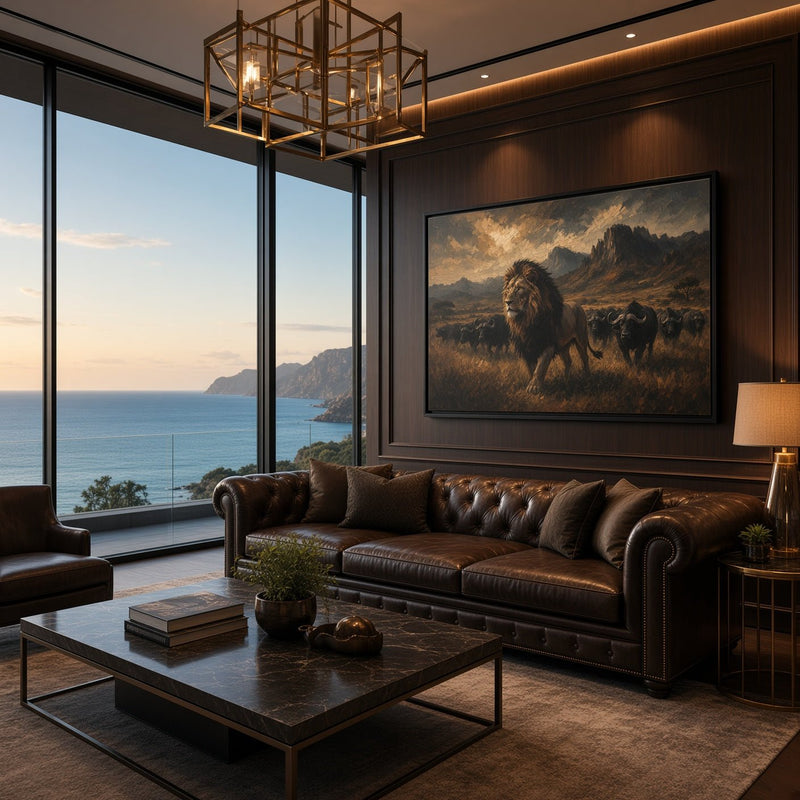 Black framed canvas wall art with lion and buffalo scene, landscape view.