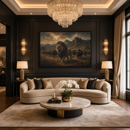 Black framed canvas wall art featuring lion and buffalo in a savanna landscape.