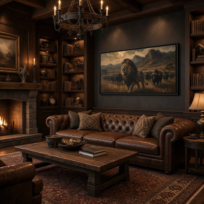 Black framed canvas wall art with roaring lion and buffalo herd, wide scene.