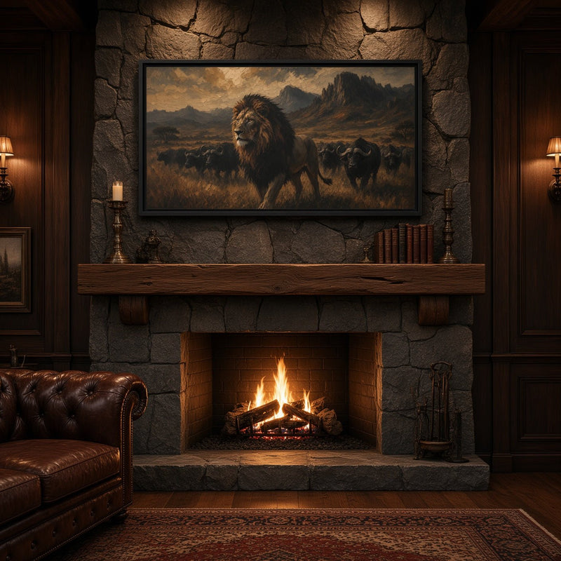 Black framed canvas wall art showing lion and buffalo over grassy savanna.
