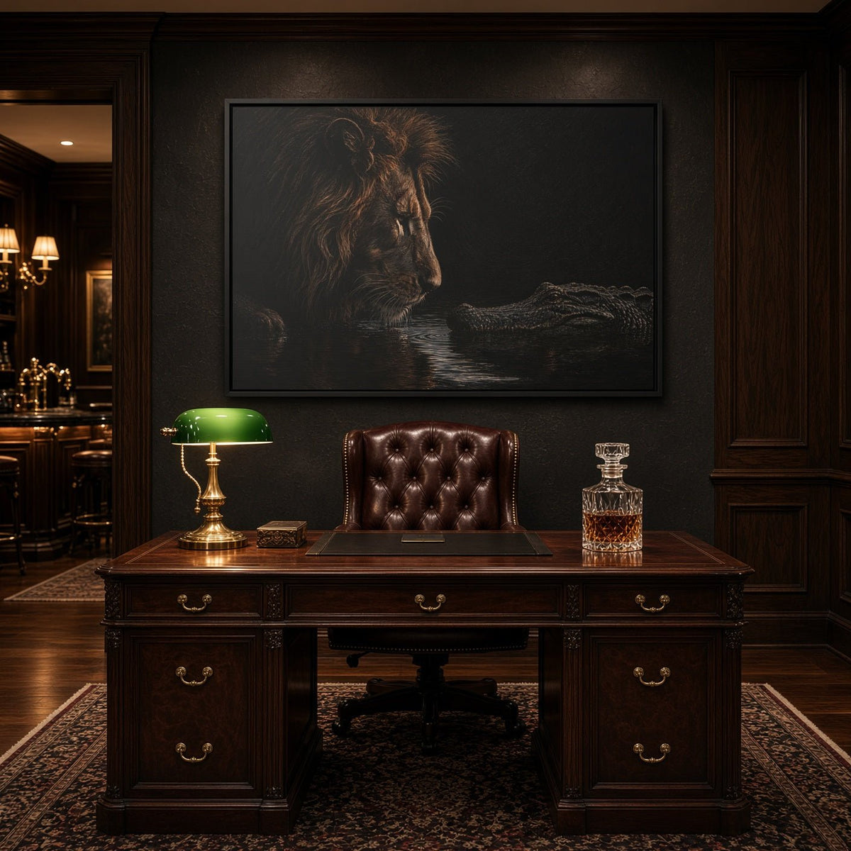 Framed canvas wall art with a lion profile and an alligator in dark water.
