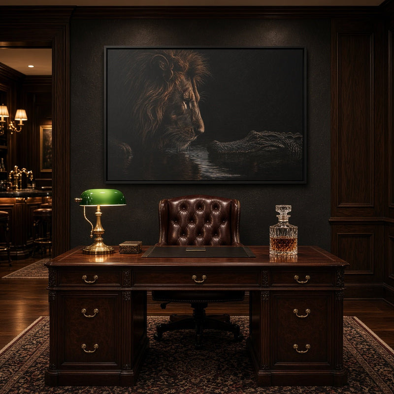 Framed canvas wall art with a lion profile and an alligator in dark water.