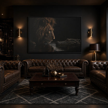 Framed canvas wall art featuring a lion and an alligator in dark, mirrored water.