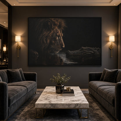 Framed canvas wall art with a lion facing an alligator in a dark water scene.