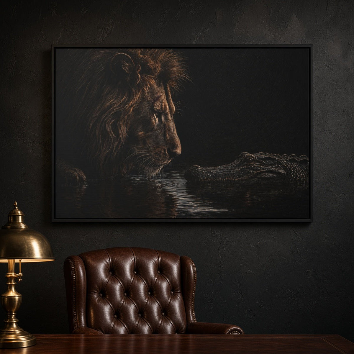 Framed lion and alligator canvas wall art with dark tones, black background.