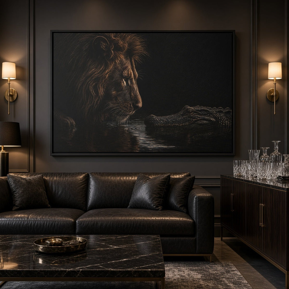 Framed lion and alligator canvas wall art, dark palette with animals facing each other.