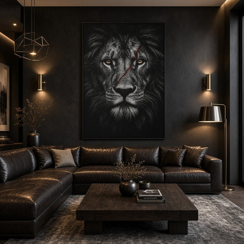 Framed black lion portrait canvas with red facial markings, full head view