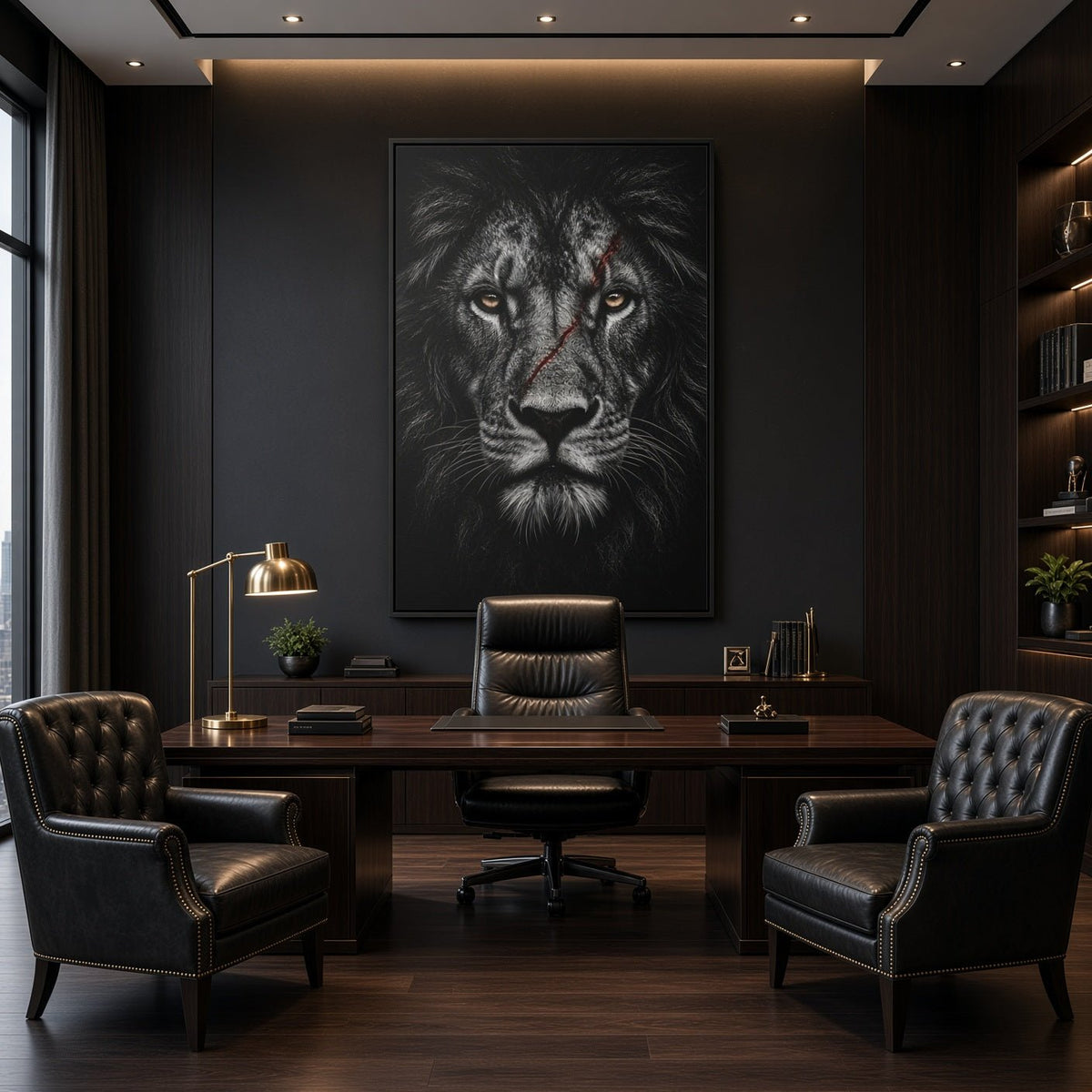 Framed black lion portrait canvas with red line detail, lion head centered