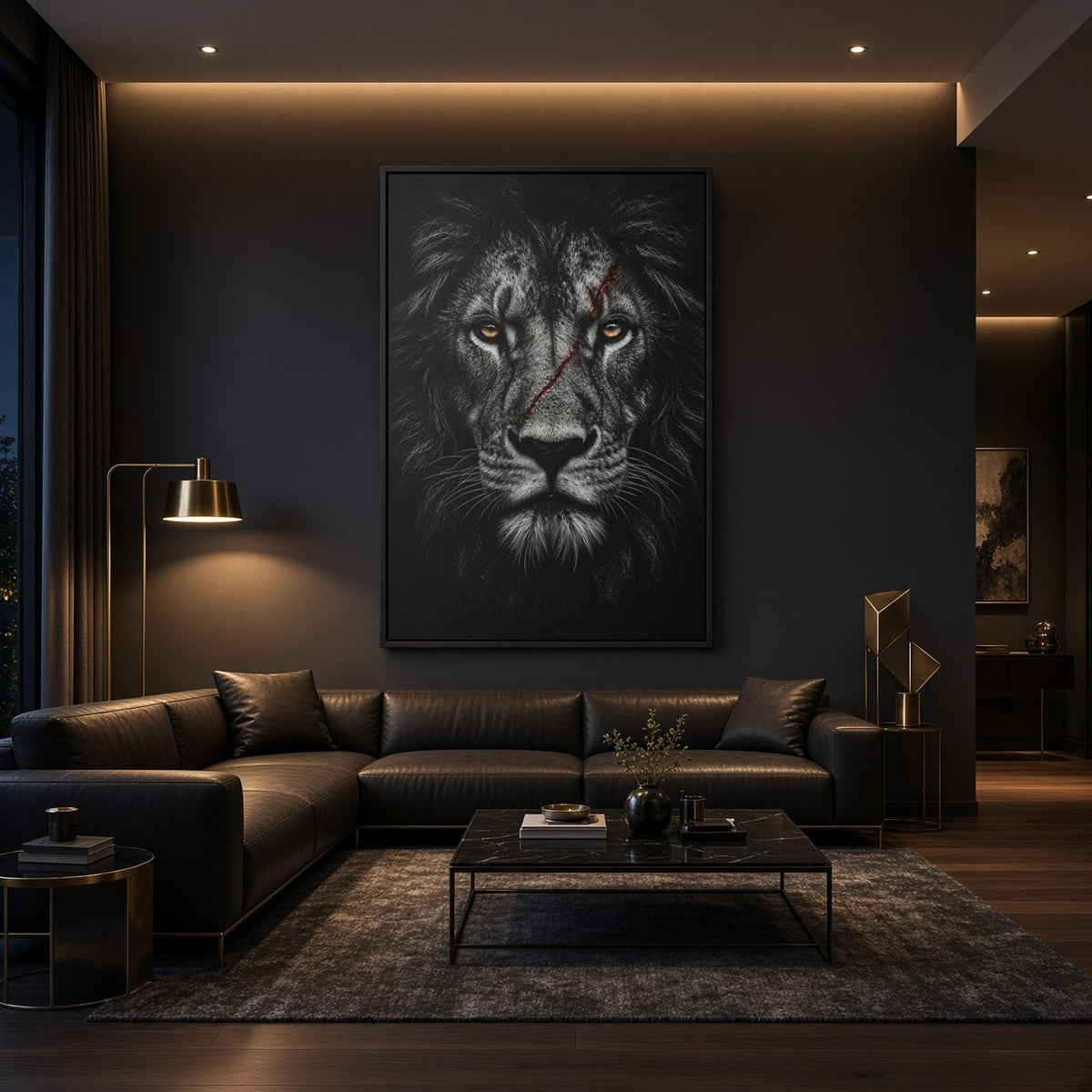 Framed black lion portrait canvas with red accents, close-up centered on the face