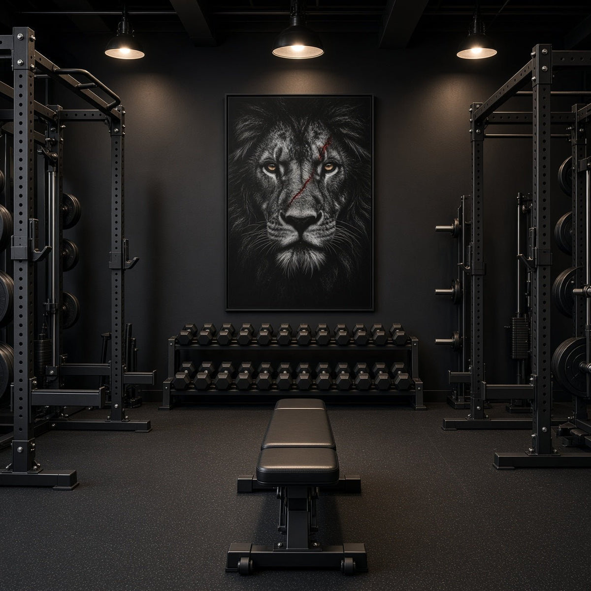 Framed black lion portrait canvas print with dark frame, on gym wall.