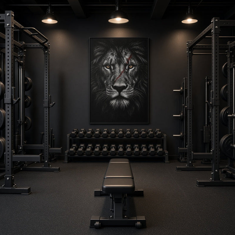 Framed black lion portrait canvas print with dark frame, on gym wall.
