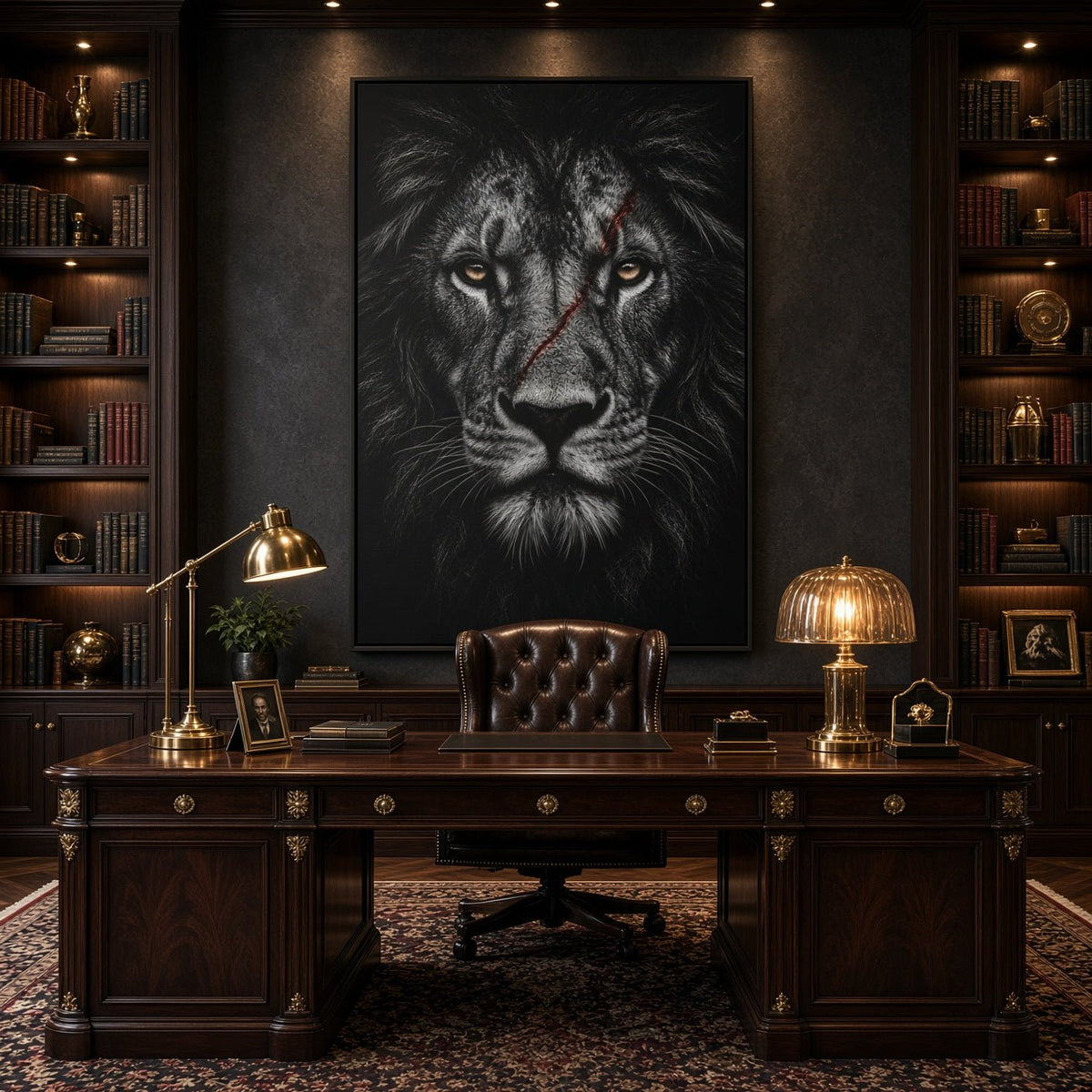 Framed black lion portrait canvas print with red-highlight markings, straight-on.