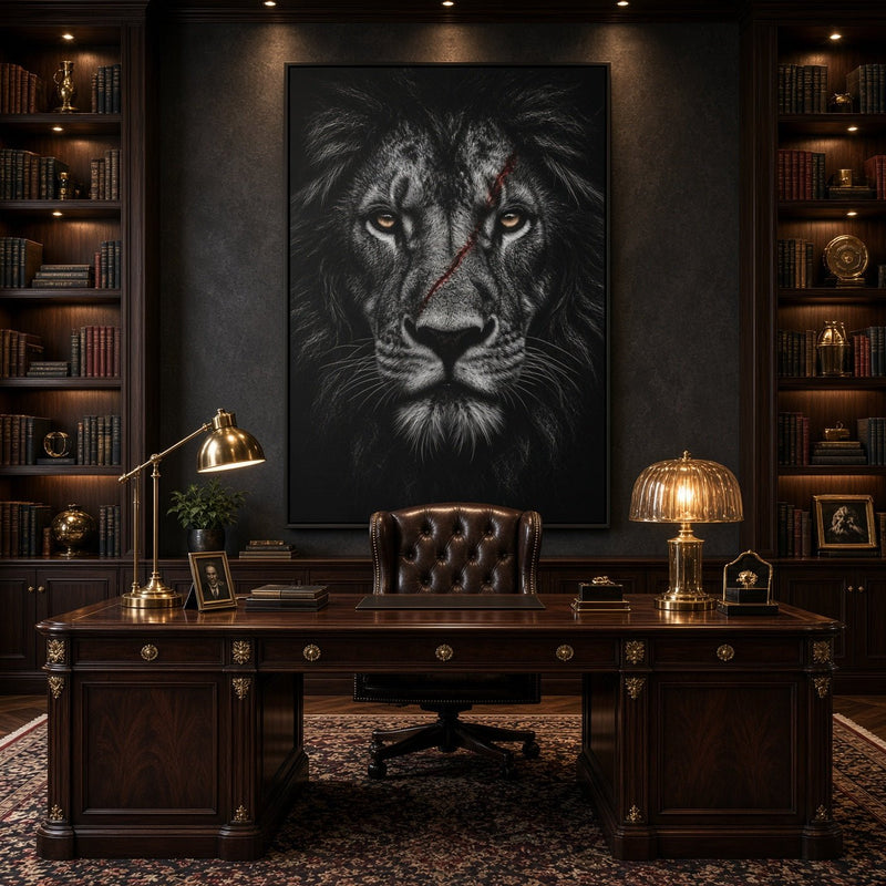 Framed black lion portrait canvas print with red-highlight markings, straight-on.