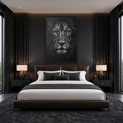 Framed black lion portrait canvas print on a wall above a bed, straight-on.