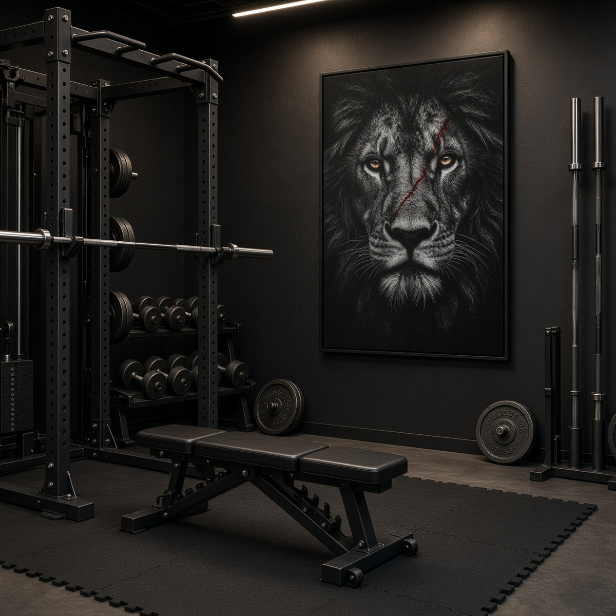 Framed black lion portrait canvas print with red-highlight eyes, straight-on.