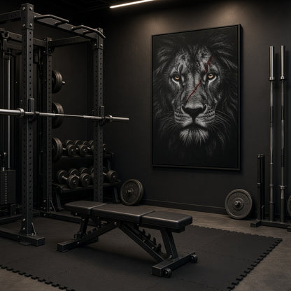 Framed black lion portrait canvas print with red-highlight eyes, straight-on.