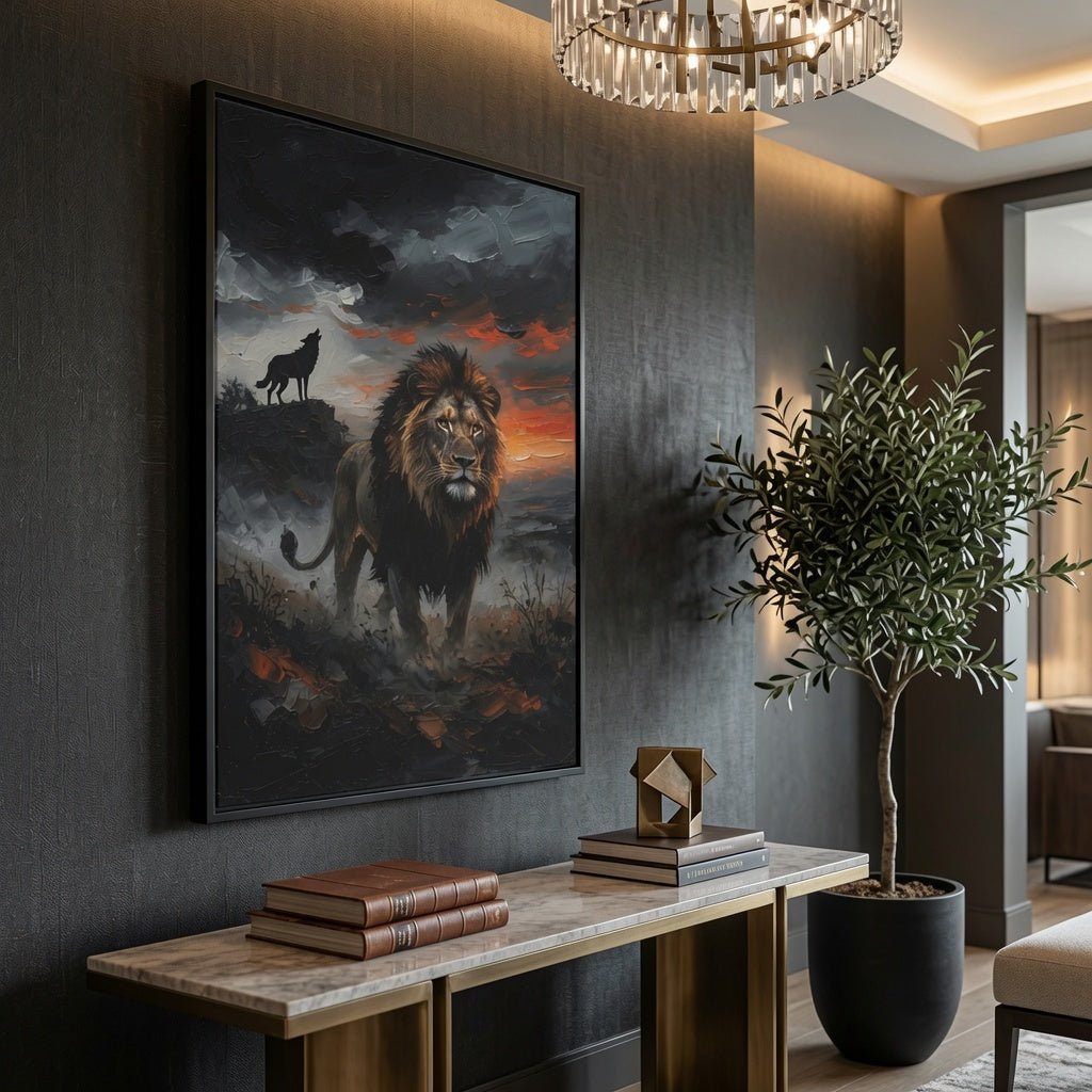 Black framed canvas wall art with roaring lion, wolf silhouette, stormy sunset scene
