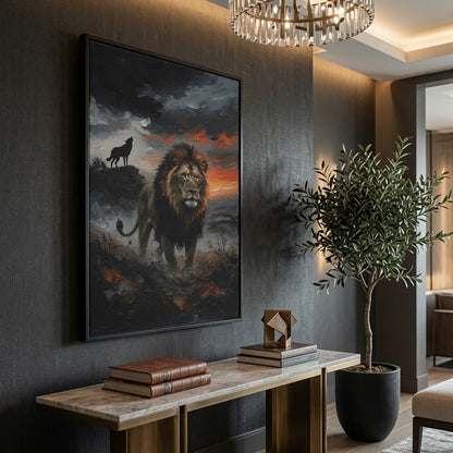 Black framed canvas wall art with roaring lion, wolf silhouette, stormy sunset scene