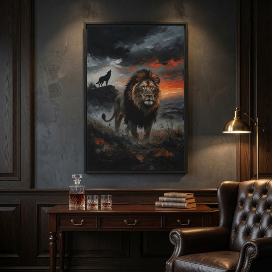 Black framed canvas wall art with lion and wolf silhouettes in sunset storm scene